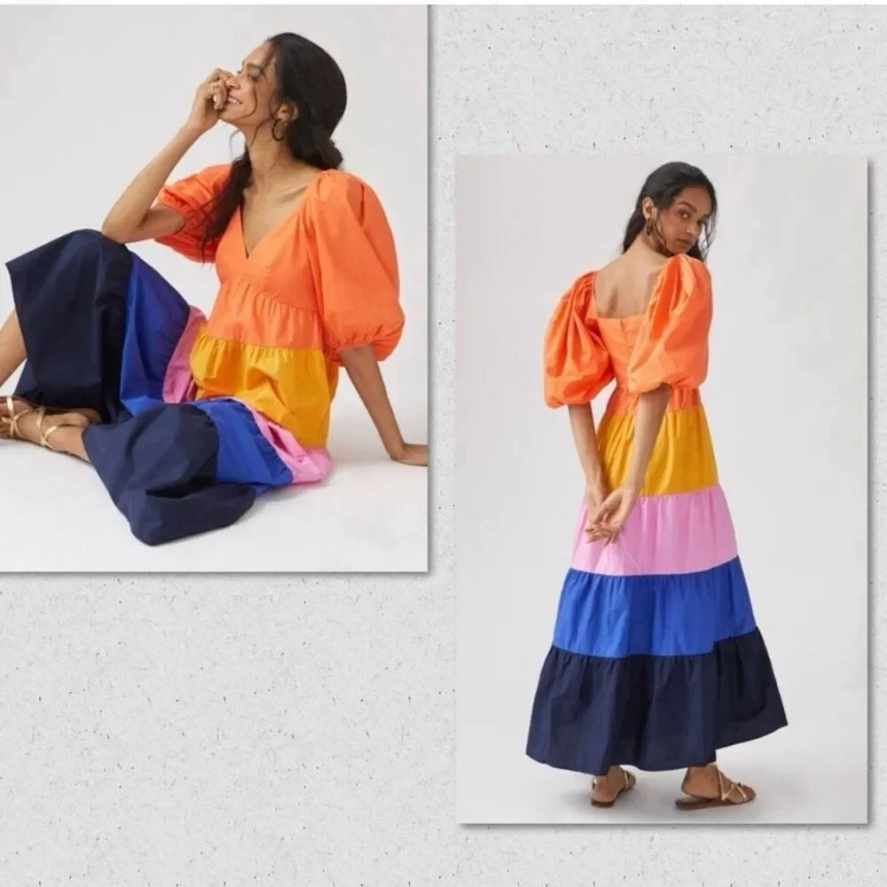 Anthropologie Farm Rio Size S Puff Sleeve Tiered Maxi Dress Colorblock Stripe - Picture 13 of 15
